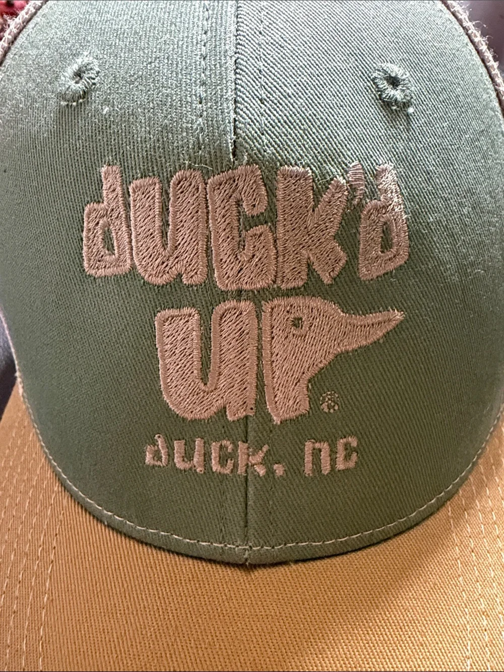 Duck'd Up Trucker Hat in Green and Tan Duck, North Carolina